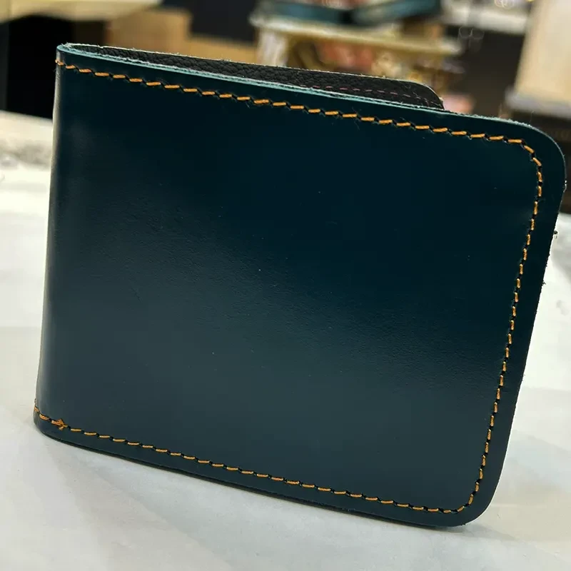 Classic Leather Bifold Imported Wallet - Black with Yellow Stitch